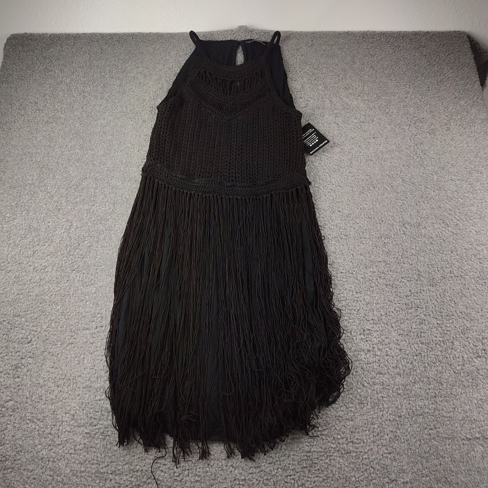 Boston Proper Dress Sz Medium Crochet Fringe Black Flapper Gatsby Roaring 20s
